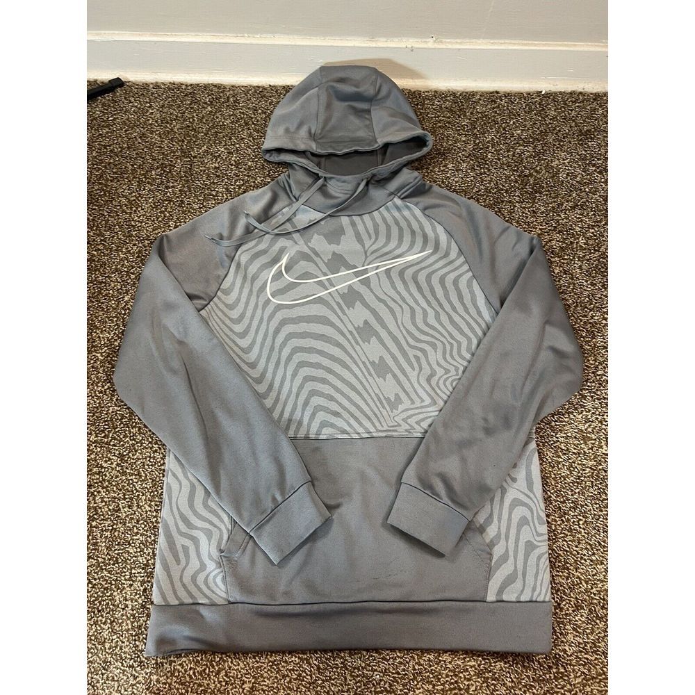 Vintage Nike Gray Mens Size Medium Spell Out Big Logo Hooded Sweatshirt